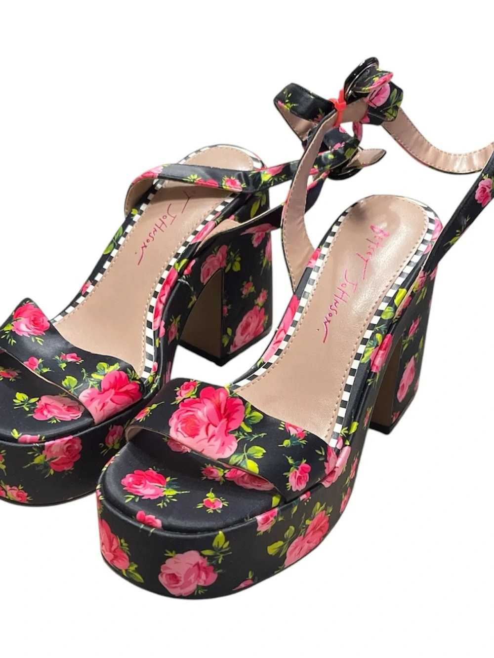 Floral Platform Block Heel Sandals - Black/Pink